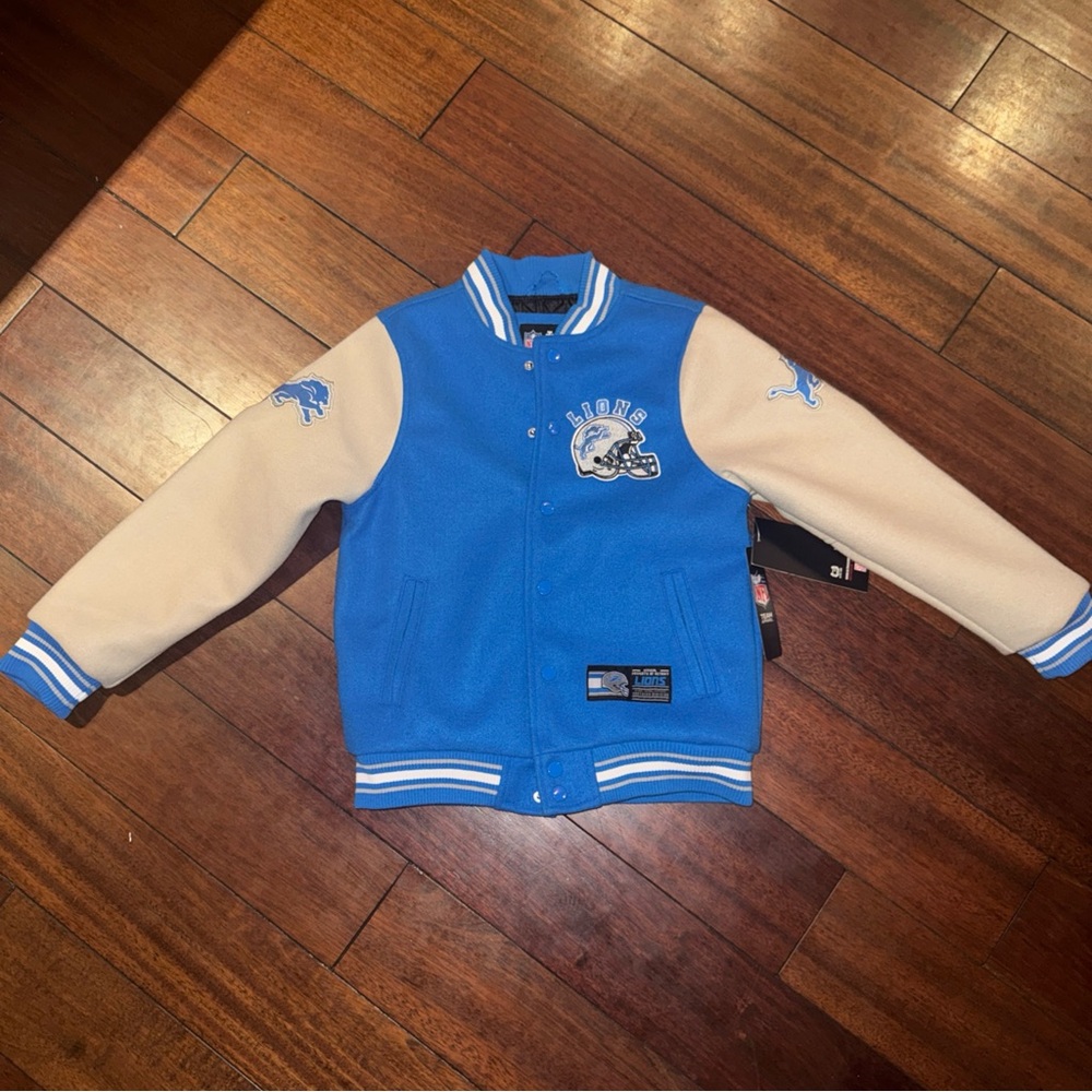 Detroit Lions Ultra GAME Quilt Lined Sewn Logos $155 Varsity Jacket Youth Med